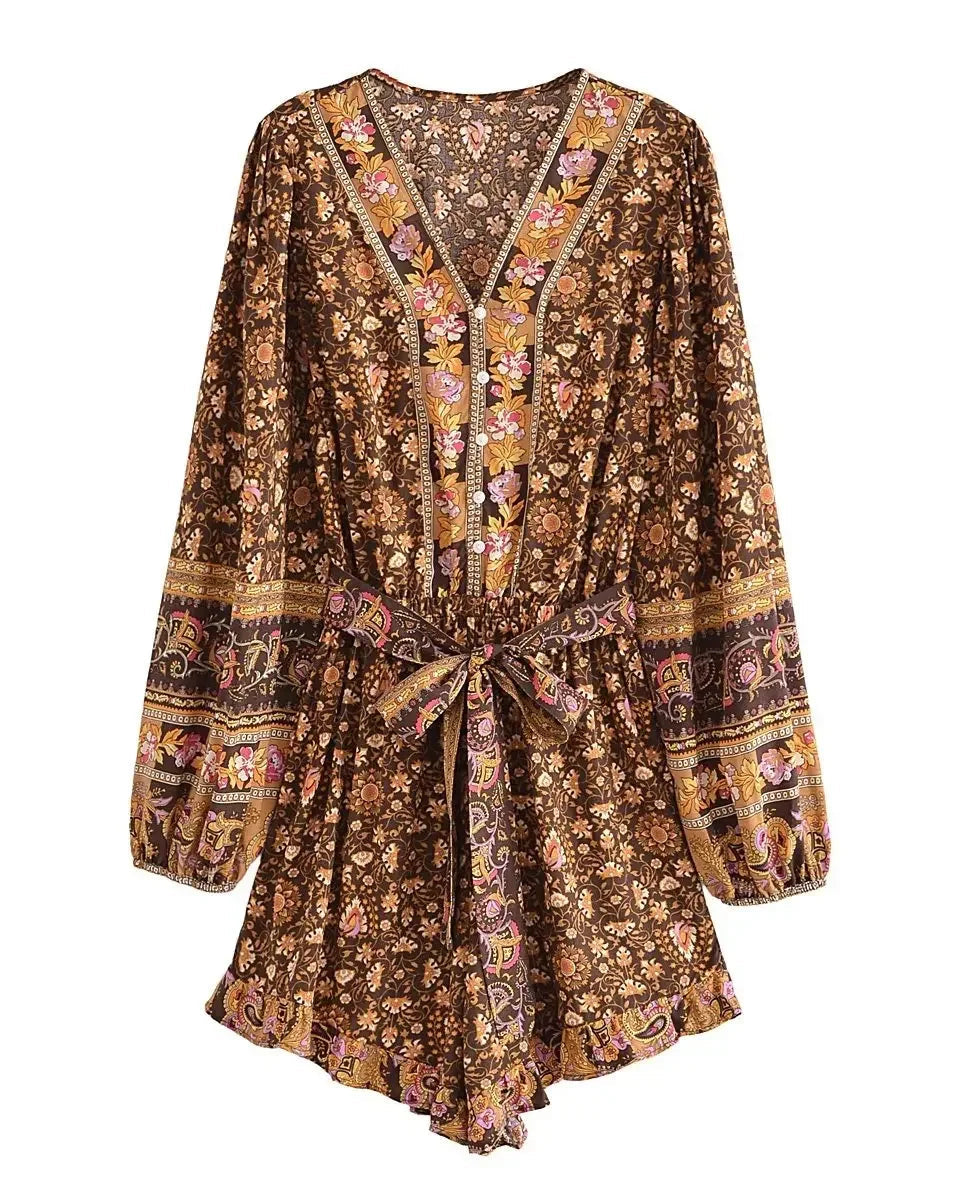 Boho Floral Mini Dress – Embroidered Paisley Wrap Romper with Ruffle Hem