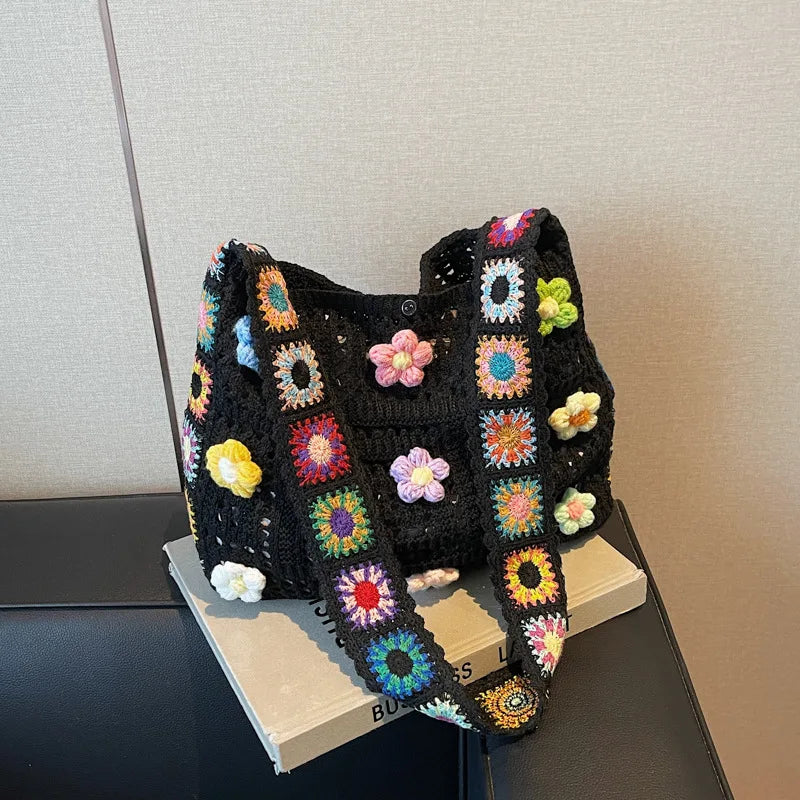 Rainbow Bloom Granny Square Crochet Tote – 6 Boho Colours (The Bag Everyone Photographs)