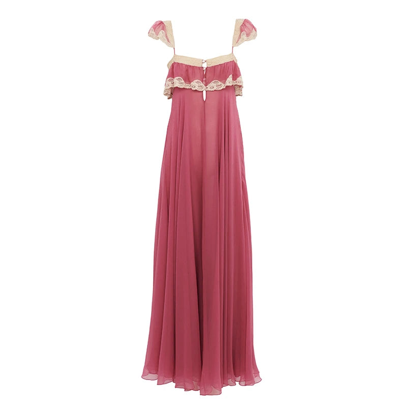 Romantic Lace Trim Chiffon Maxi Dress