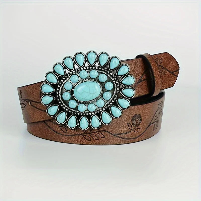 Vintage Turquoise Concho Leather Belt – Boho Western Classic 120cm Vintage Turquoise Concho Leather Belt – Boho Western Classic Belts