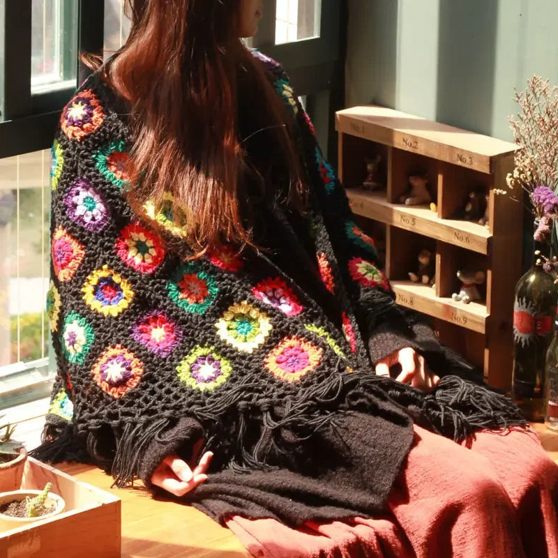 Granny Square Crochet Shawl – Fringed Boho Wrap (Black / Cream) Granny Square Crochet Shawl – Fringed Boho Wrap (Black / Cream) Wrap