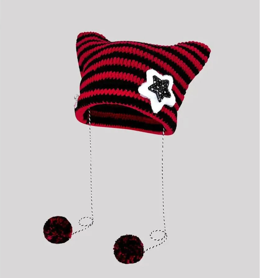 Cat-Ear Striped Beanie with Pom-Poms – 6 Grunge-Fairy Colours (The Cutest Winter Hat You’ll Ever Own) Black Red + Star One Size Cat-Ear Striped Beanie with Pom-Poms – 6 Grunge-Fairy Colours (The Cutest Winter Hat You’ll Ever Own) Hats
