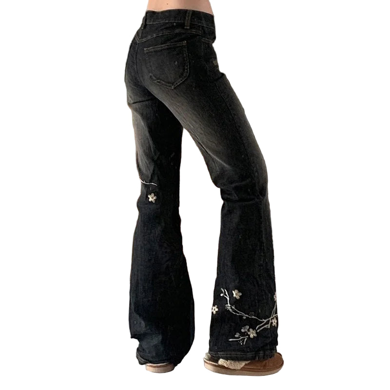 Blossom Embroidered Flare Jeans – Midnight Black (Y2K Gypsy Queen)