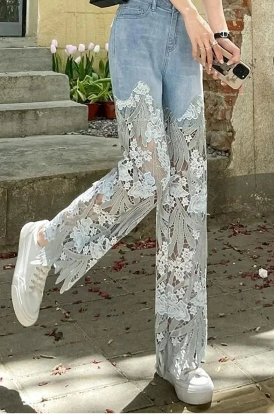 Lace Overlay High-Waisted Jeans | Boho Festival Statement