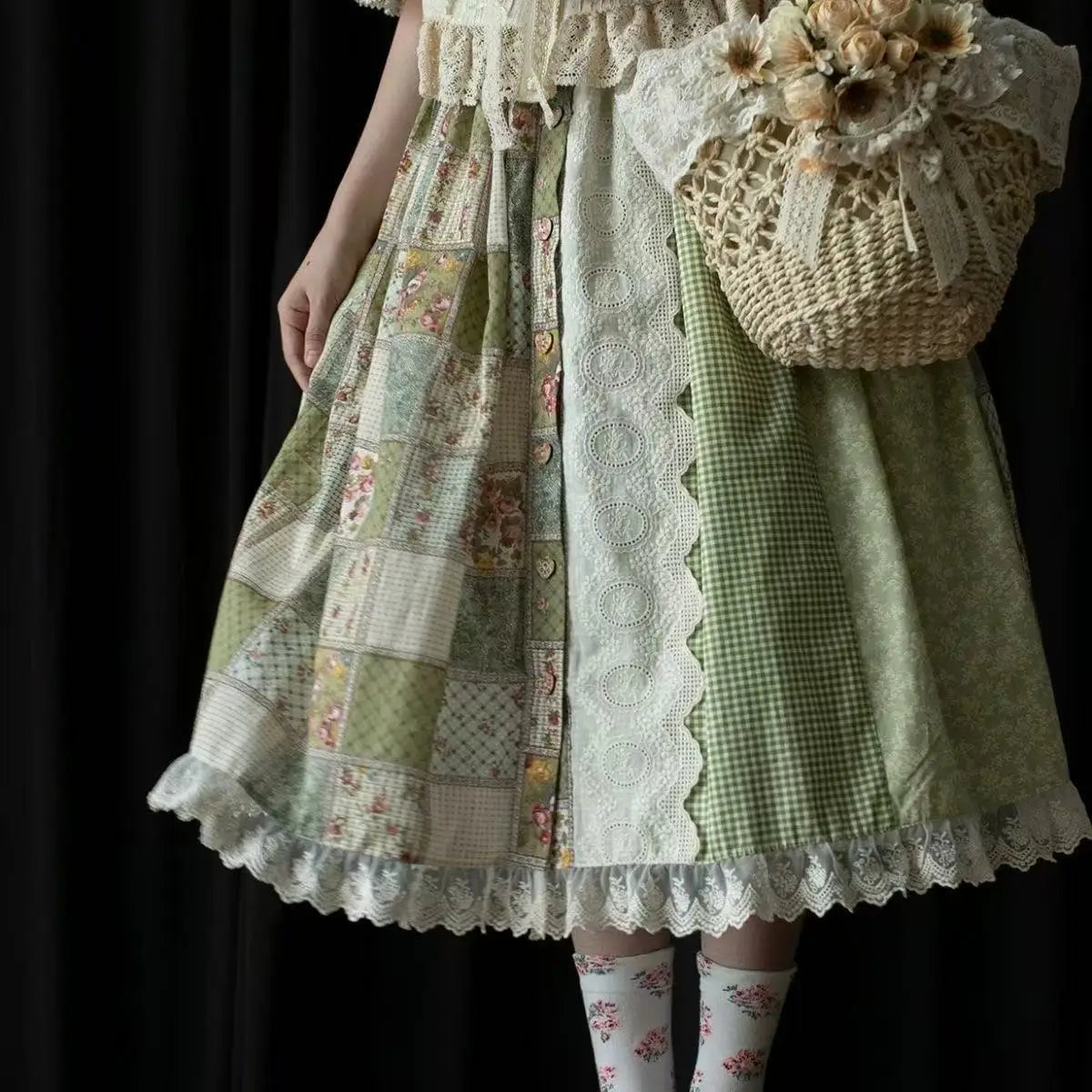 Sage Patchwork Prairie Maxi Skirt – Vintage Milkmaid Boho Dream