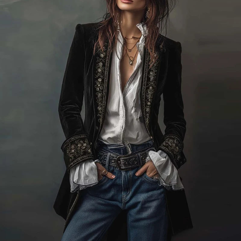 Vintage Ethnic Floral Print Velvet Women's Coat Fall Chic Stand Collar Slim Jacket Cardigan Winter Long Sleeve Female Outerwears