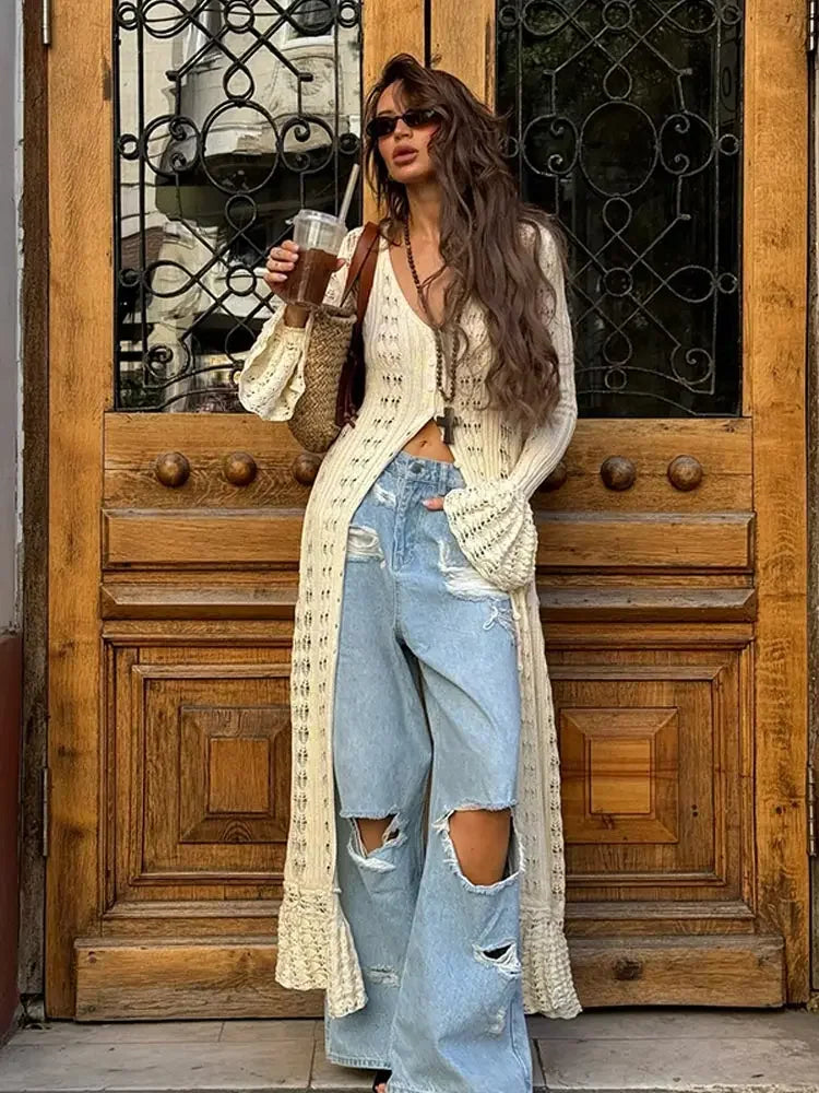 Cream Crochet Lace Long Cardigan | Boho Festival Duster