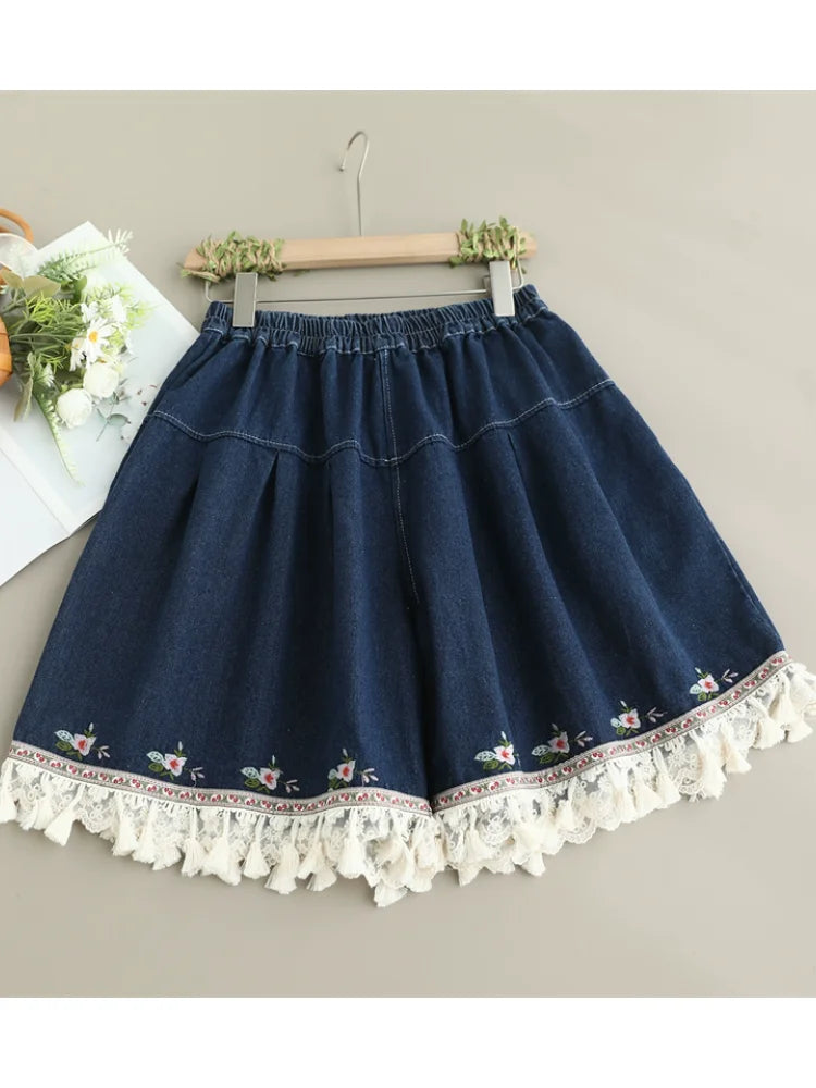 Embroidered Denim Fringe Shorts – Boho Lace Hem (Light Blue / Dark Blue) Embroidered Denim Fringe Shorts – Boho Lace Hem (Light Blue / Dark Blue) Shorts