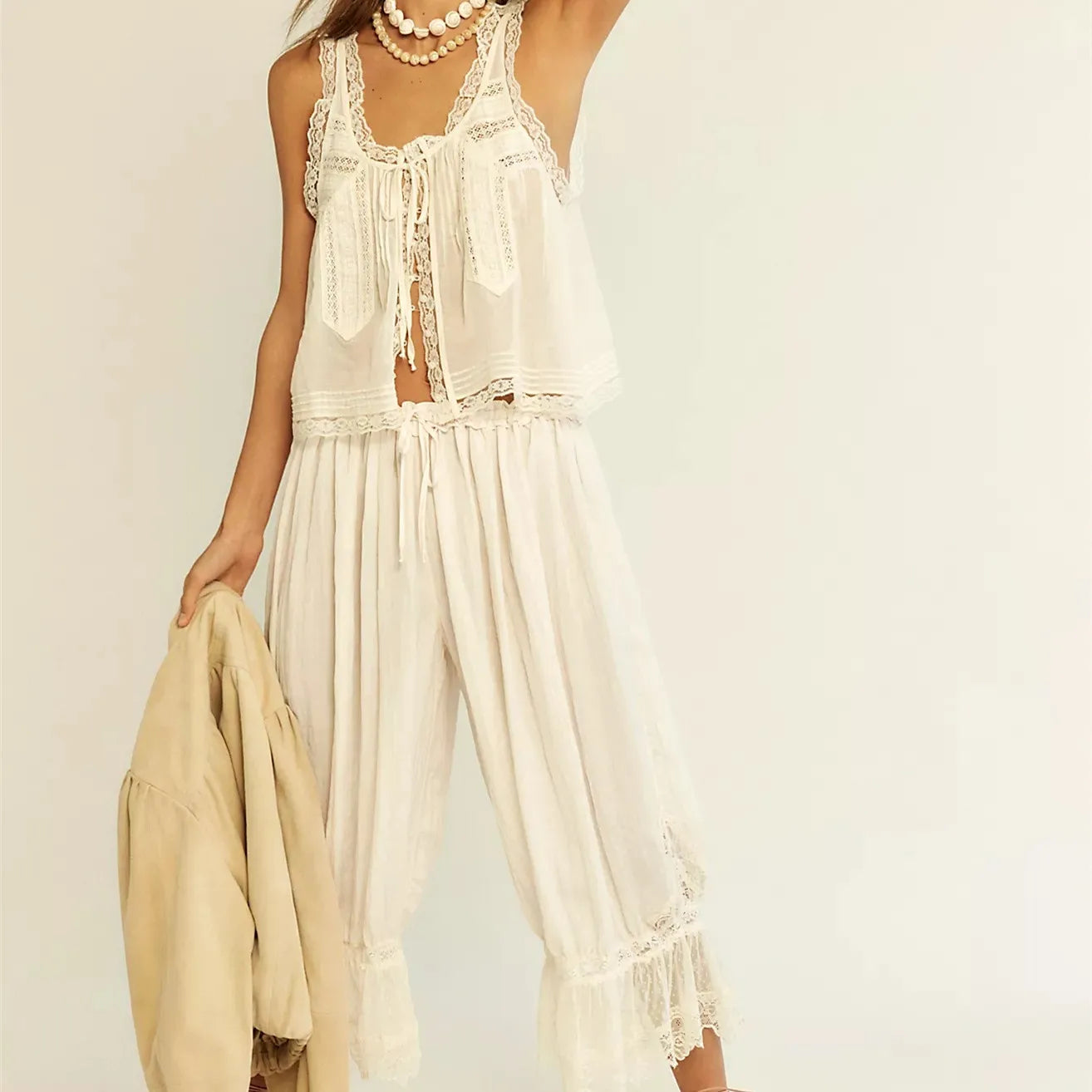 Lace Trim Linen Cami & Pants Set | Boho Gypsy Lounge