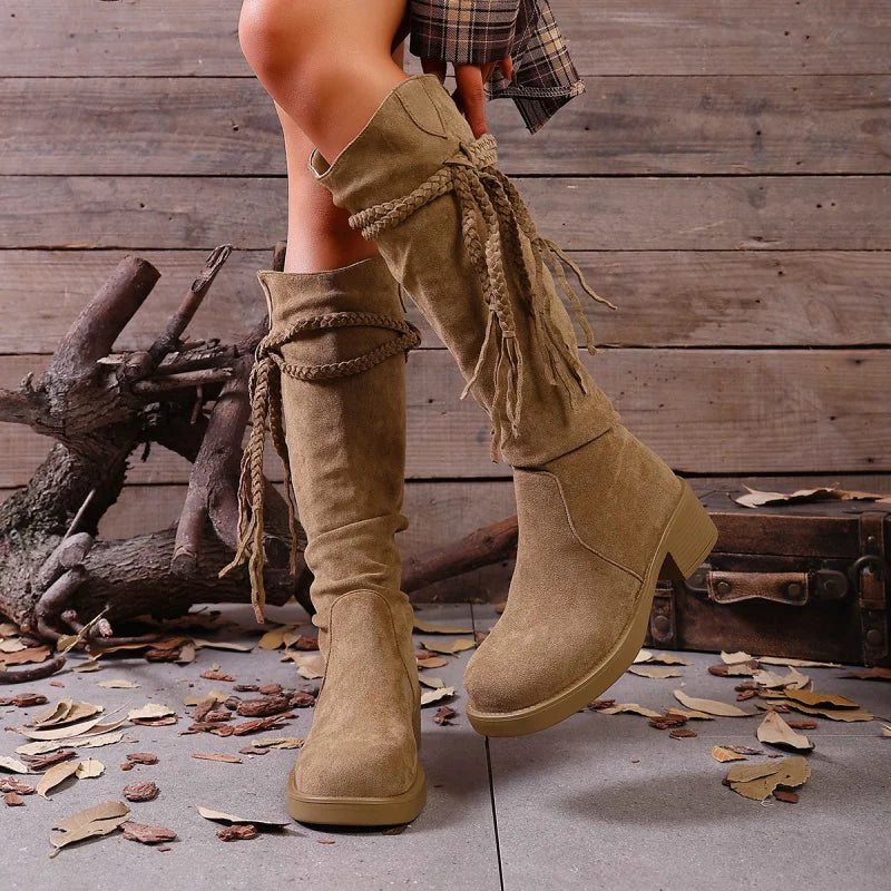Suede Fringe Tall Cowboy Boots – Boho Western Knee-High Booties