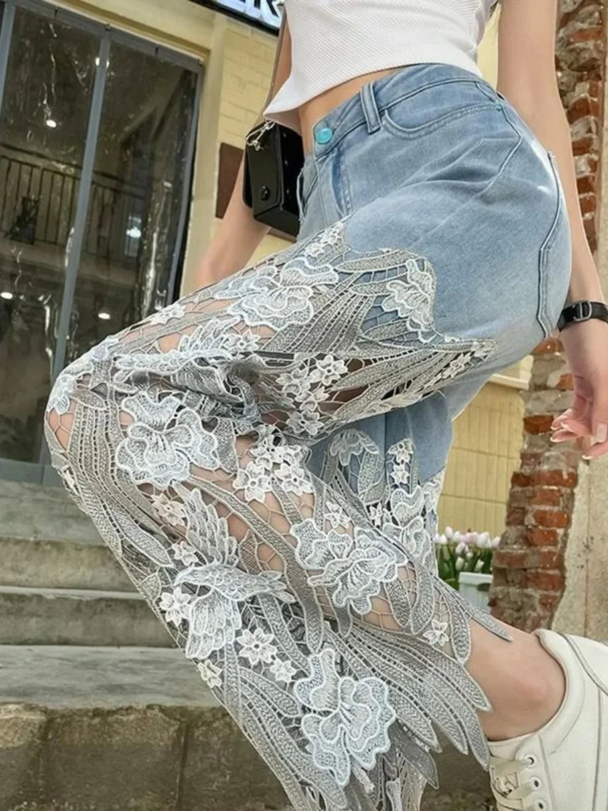Lace Overlay High-Waisted Jeans | Boho Festival Statement