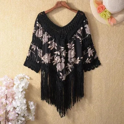 Floral Fringe Kimono Cover-Up – Boho Lace Layer (Black Floral with Beige/White/Black Lace) (Copy) Black Lace – midnight garden One size Floral Fringe Kimono Cover-Up – Boho Lace Layer (Black Floral with Beige/White/Black Lace) (Copy) Cover-Ups