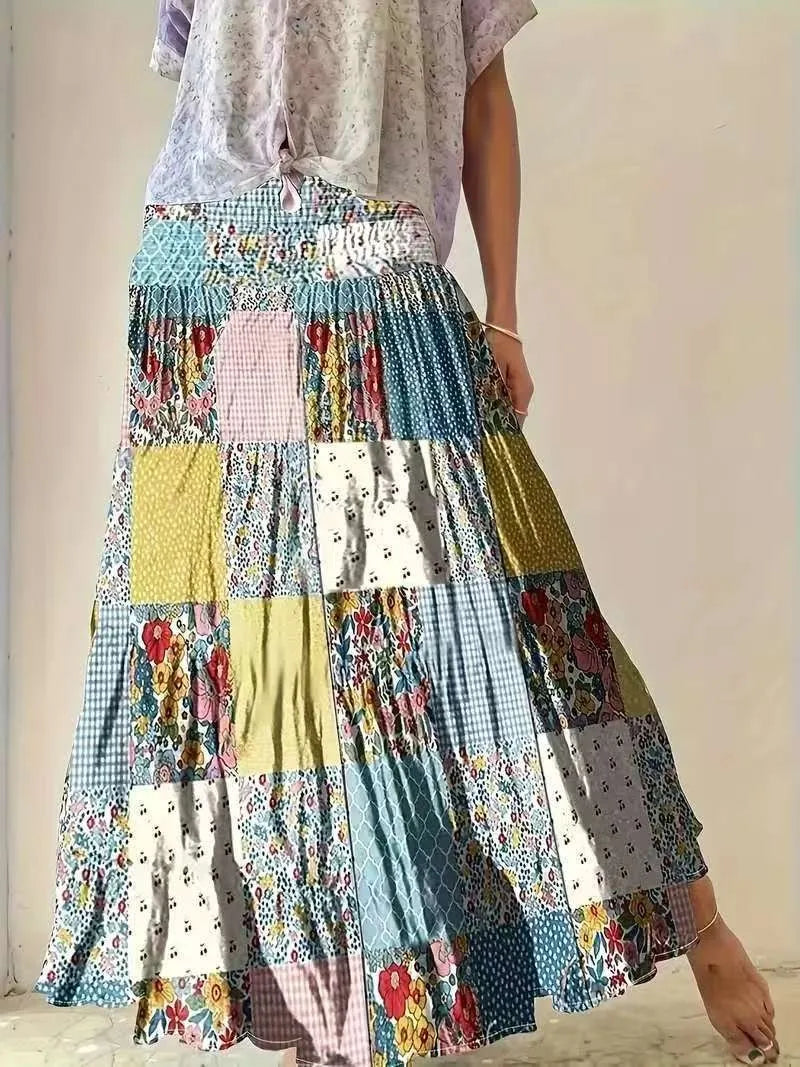 Patchwork Tiered Maxi Skirt | Boho Festival Patchwork