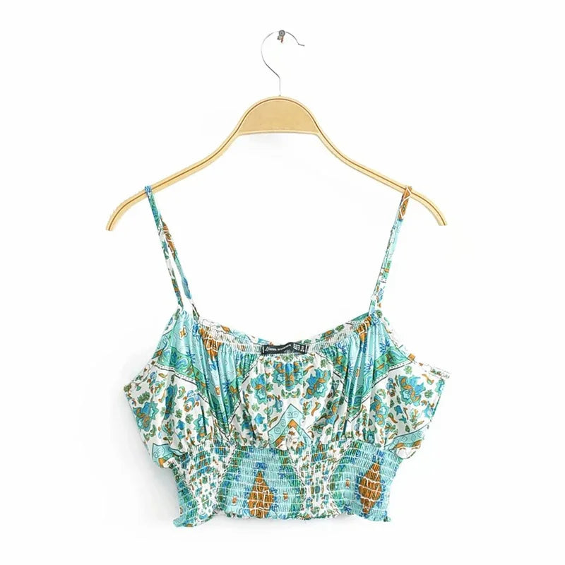 Turquoise Mosaic Boho Co-ord Set – Smocked Crop Top + Wide-Leg Palazzo Pants