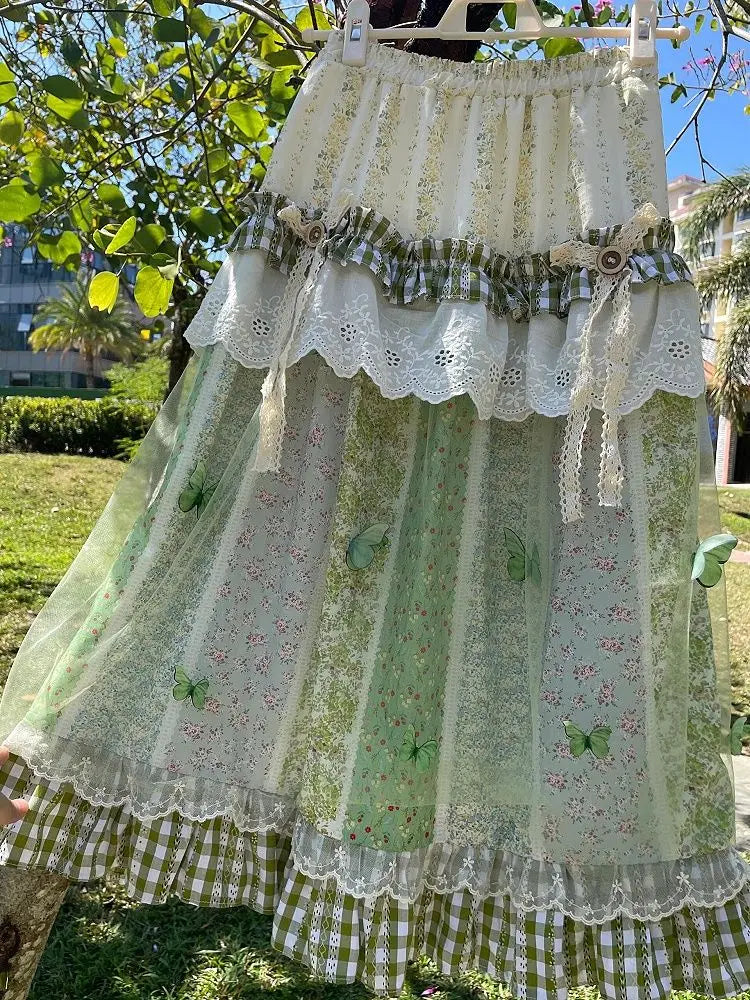 Enchanted Meadow Fairy Patchwork Skirt – Green Butterfly Boho Dream