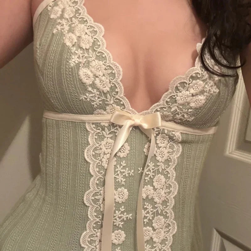 Dreamy Sage Lace Camisole with Ribbon Bow – Romantic Boho Top