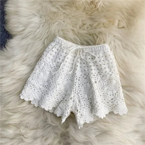 Crochet Lace Shorts – Boho Scalloped Dream (Cream / White) White One Size Crochet Lace Shorts – Boho Scalloped Dream (Cream / White) Shorts