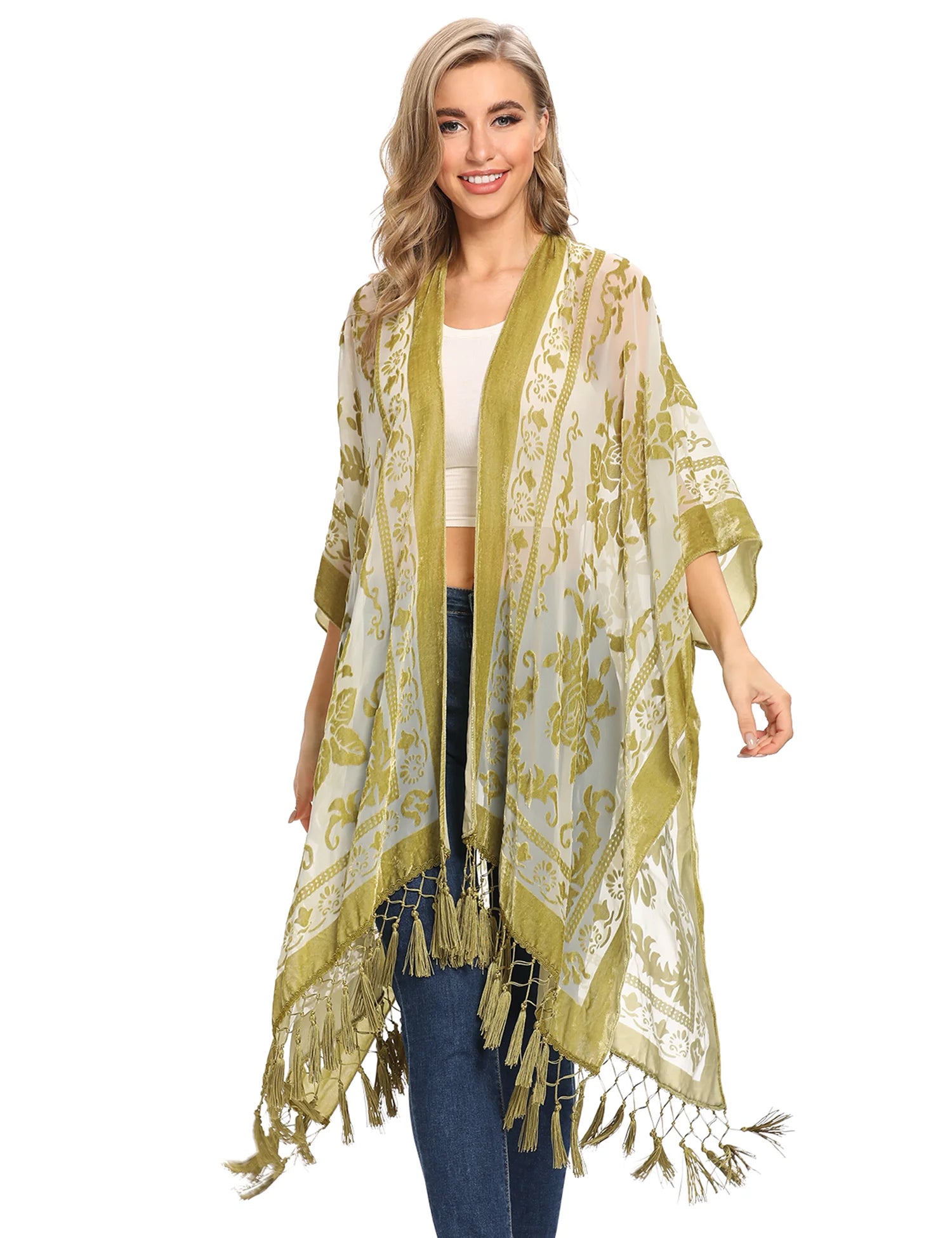 WeHello Bohemian burnt plush kimono Women's long Purple Tassel Beach Cover-up  Holiday Casual Cardigan Shawl JYPF-20
