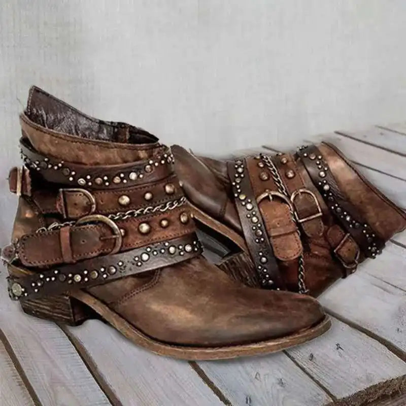 Distressed Studded Strap Boots – Boho Rockstar Ankle Boots (Black / Navy / Olive / Brown) Brown Distressed Studded Strap Boots – Boho Rockstar Ankle Boots (Black / Navy / Olive / Brown) Boots