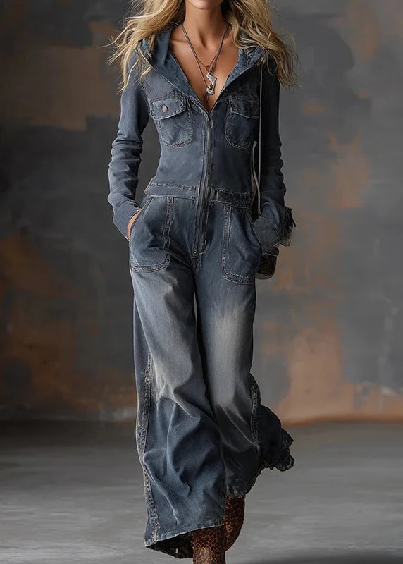 Boho Denim Hooded Jumpsuit