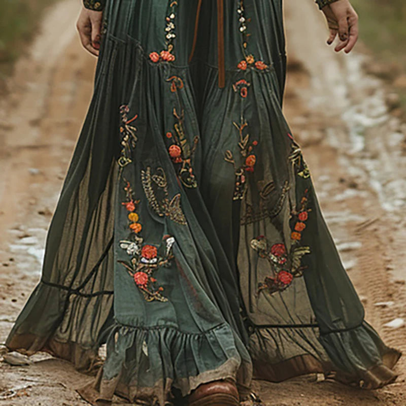 Enchanted Woodland Embroidered Maxi Dress – Forest Green or Golden Caramel