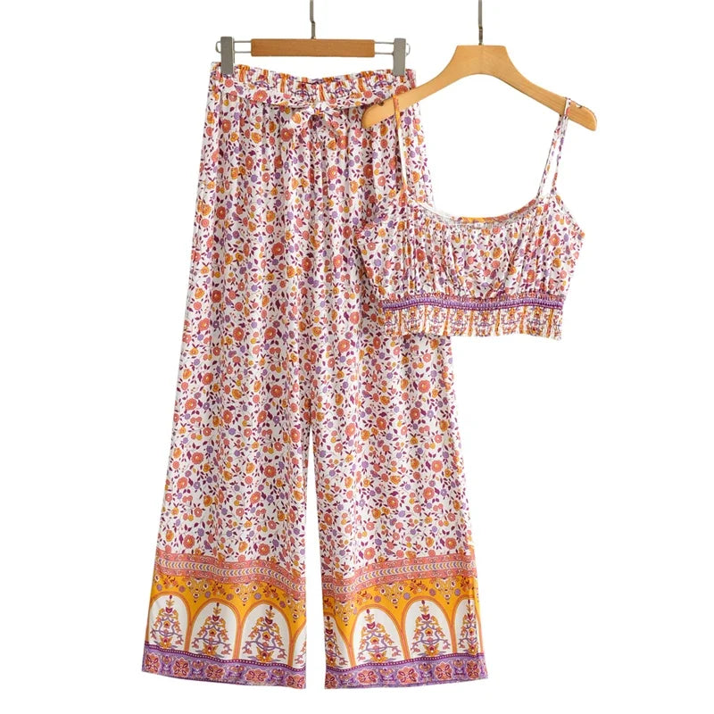 Boho Floral Co-ord Set – Tie-Front Crop Top + Wide-Leg Palazzo Pants (Lilac Floral)