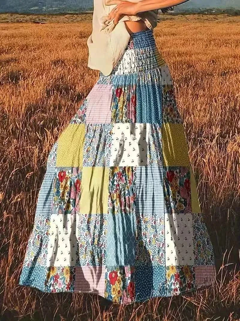 Patchwork Tiered Maxi Skirt | Boho Festival Patchwork