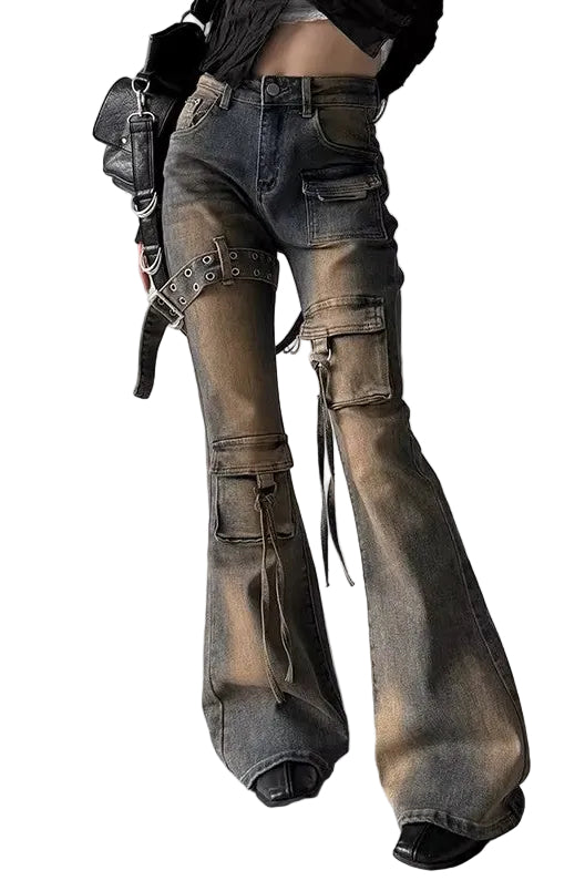 Y2K Distressed Cargo Flare Jeans