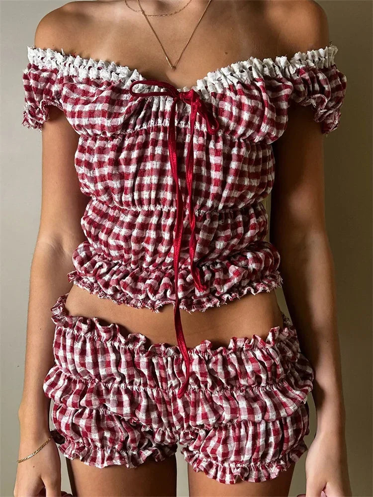 Off-Shoulder Ruffle Bow Romper Set – Coquette Shirred (Ivory, Cherry Gingham, Black)