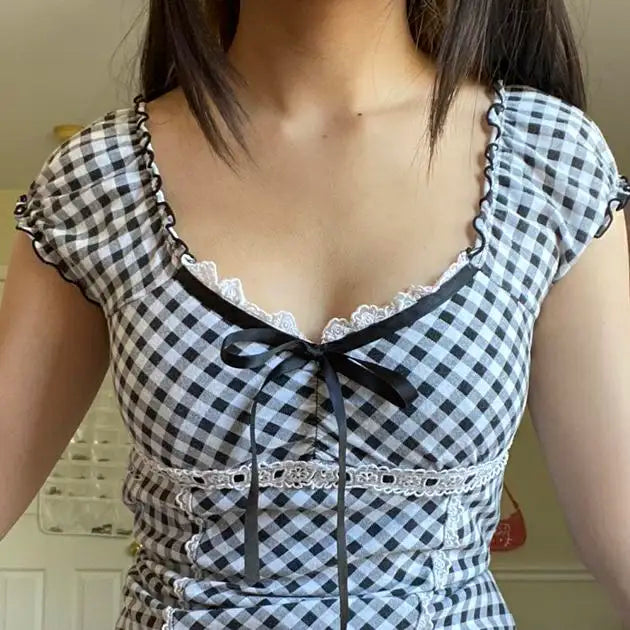 Coquette Gingham Bow Crop Top – Black & White Lace Dream