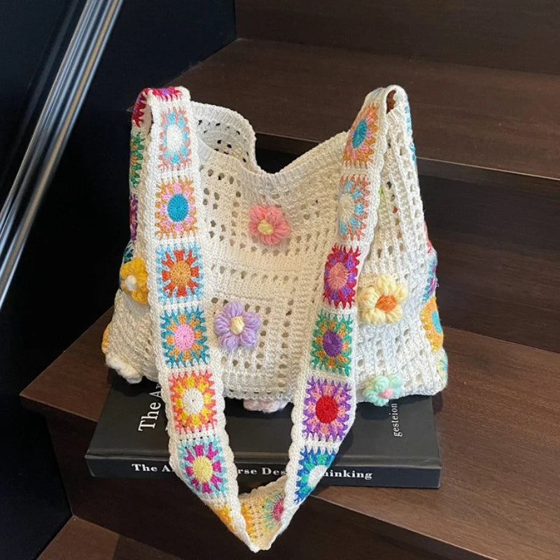 Rainbow Bloom Granny Square Crochet Tote – 6 Boho Colours (The Bag Everyone Photographs)