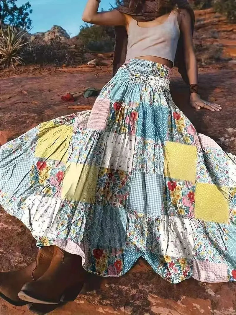 Patchwork Tiered Maxi Skirt | Boho Festival Patchwork