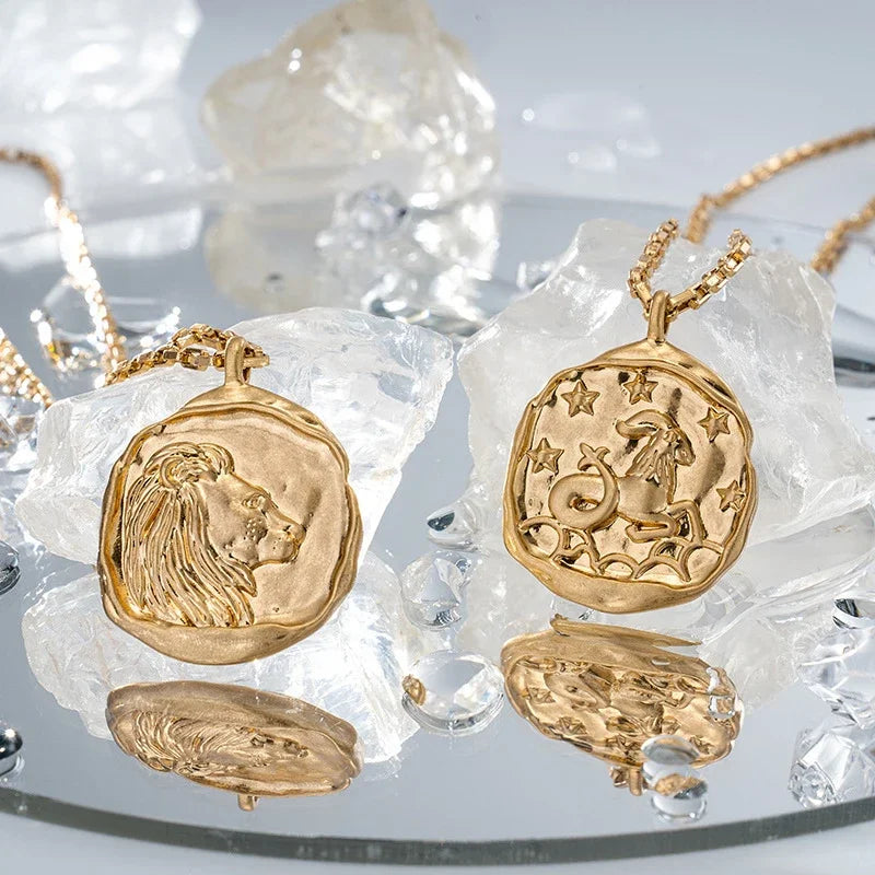 Zodiac Coin Talisman Necklace – Titanium Steel Antique Gold (Choose Your Star Sign) Zodiac Coin Talisman Necklace – Titanium Steel Antique Gold (Choose Your Star Sign) Necklace