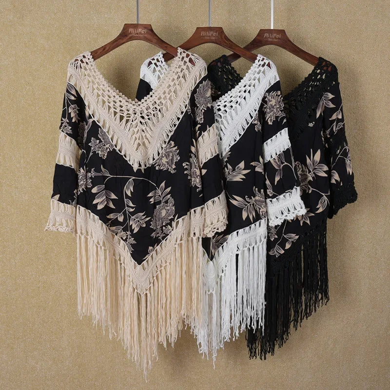 Floral Fringe Kimono Cover-Up – Boho Lace Layer (Black Floral with Beige/White/Black Lace) (Copy) Floral Fringe Kimono Cover-Up – Boho Lace Layer (Black Floral with Beige/White/Black Lace) (Copy) Cover-Ups