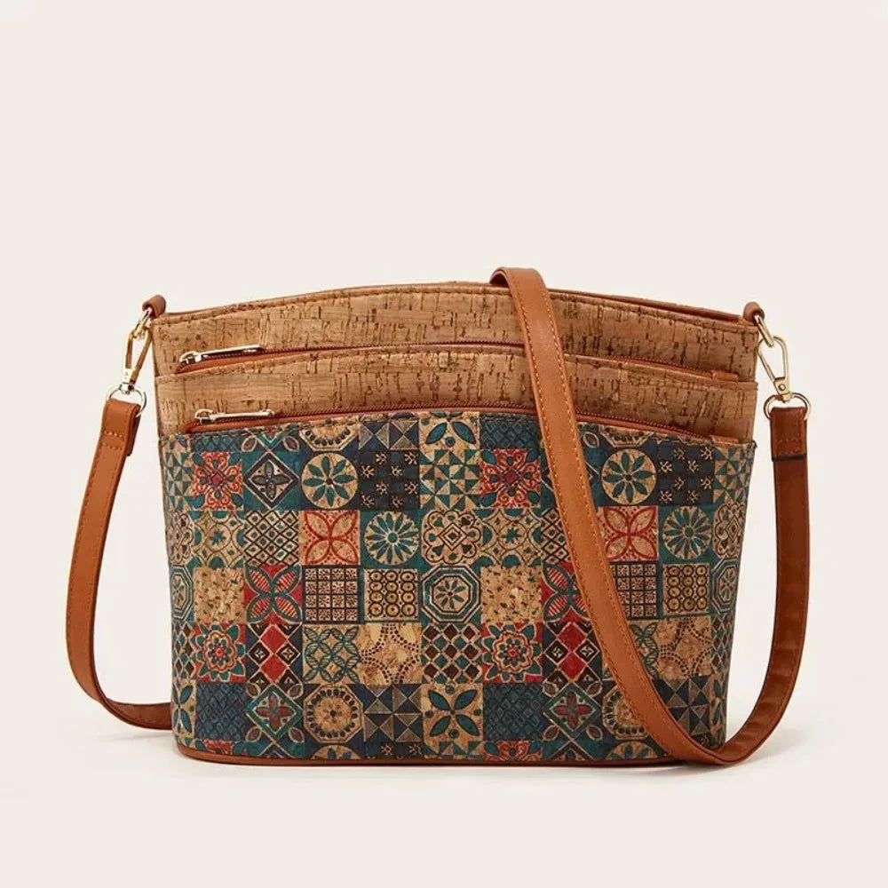 Retro Boho Women's Shoulder Bag Kraft Paper Medium Size Multi-Pocket Casual Gypsy Hippie Ibzia Ethnic Vintage Chic Side Bag