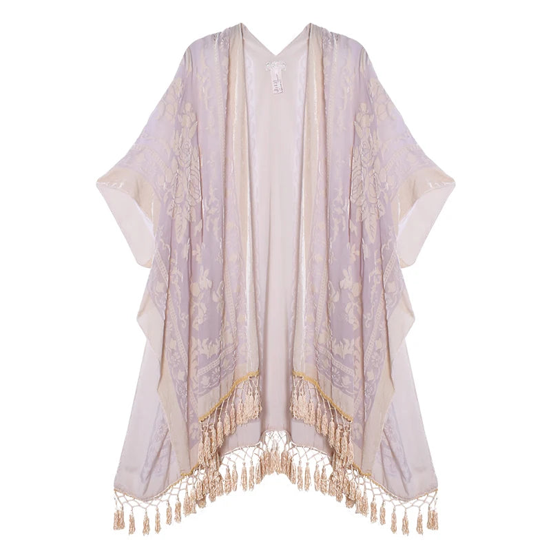 WeHello Bohemian burnt plush kimono Women's long Purple Tassel Beach Cover-up  Holiday Casual Cardigan Shawl JYPF-20
