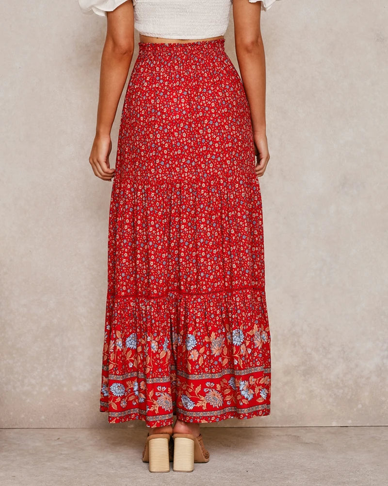 Smocked Floral Maxi Skirt – Boho Border Print Dream (Black / Navy / Red / Beige) Smocked Floral Maxi Skirt – Boho Border Print Dream (Black / Navy / Red / Beige) Skirt