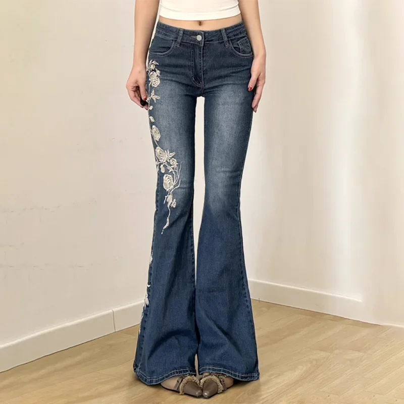 Moonlit Rose Embroidered Flare Jeans – Midnight Blue (Y2K Boho Dream)