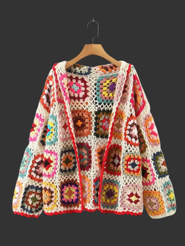 Square Crochet Hooded Cardigan – Rainbow Boho Dream One Size Square Crochet Hooded Cardigan – Rainbow Boho Dream Cardigan