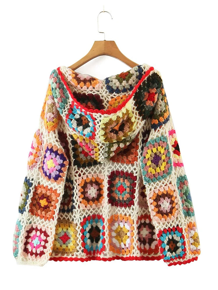 Square Crochet Hooded Cardigan – Rainbow Boho Dream Square Crochet Hooded Cardigan – Rainbow Boho Dream Cardigan