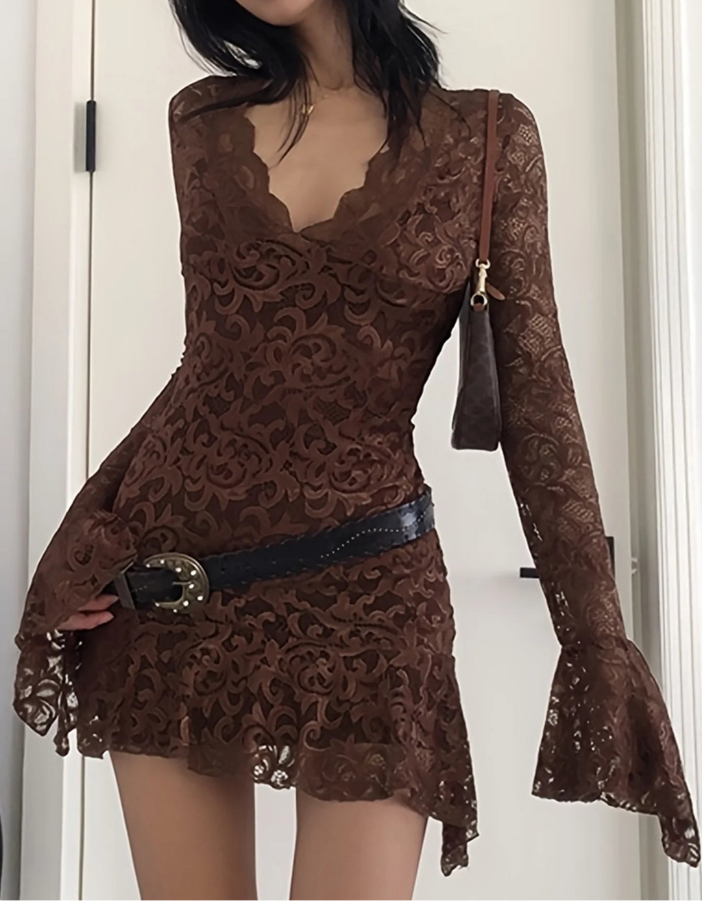 Mocha Lace Bell Sleeve Mini Dress – Boho Gothic Romance Mini