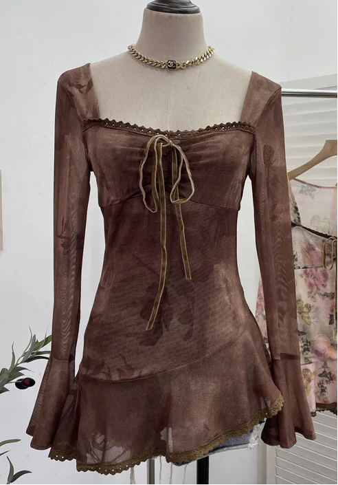 Pastel Floral Mesh Bow Peplum Top – Fairy Coquette Long Sleeve Dream