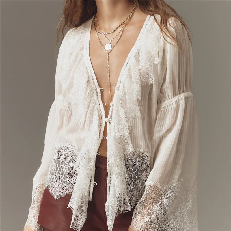 Sheer Ruffle Gypsy Lace Blouse