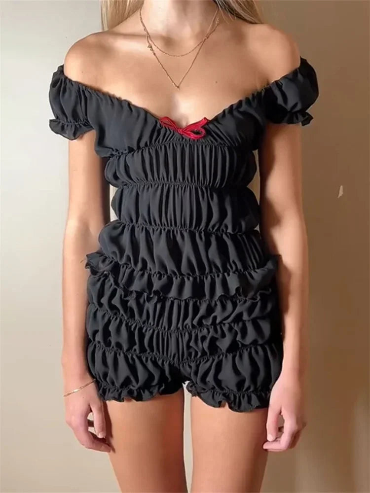 Off-Shoulder Ruffle Bow Romper Set – Coquette Shirred (Ivory, Cherry Gingham, Black)