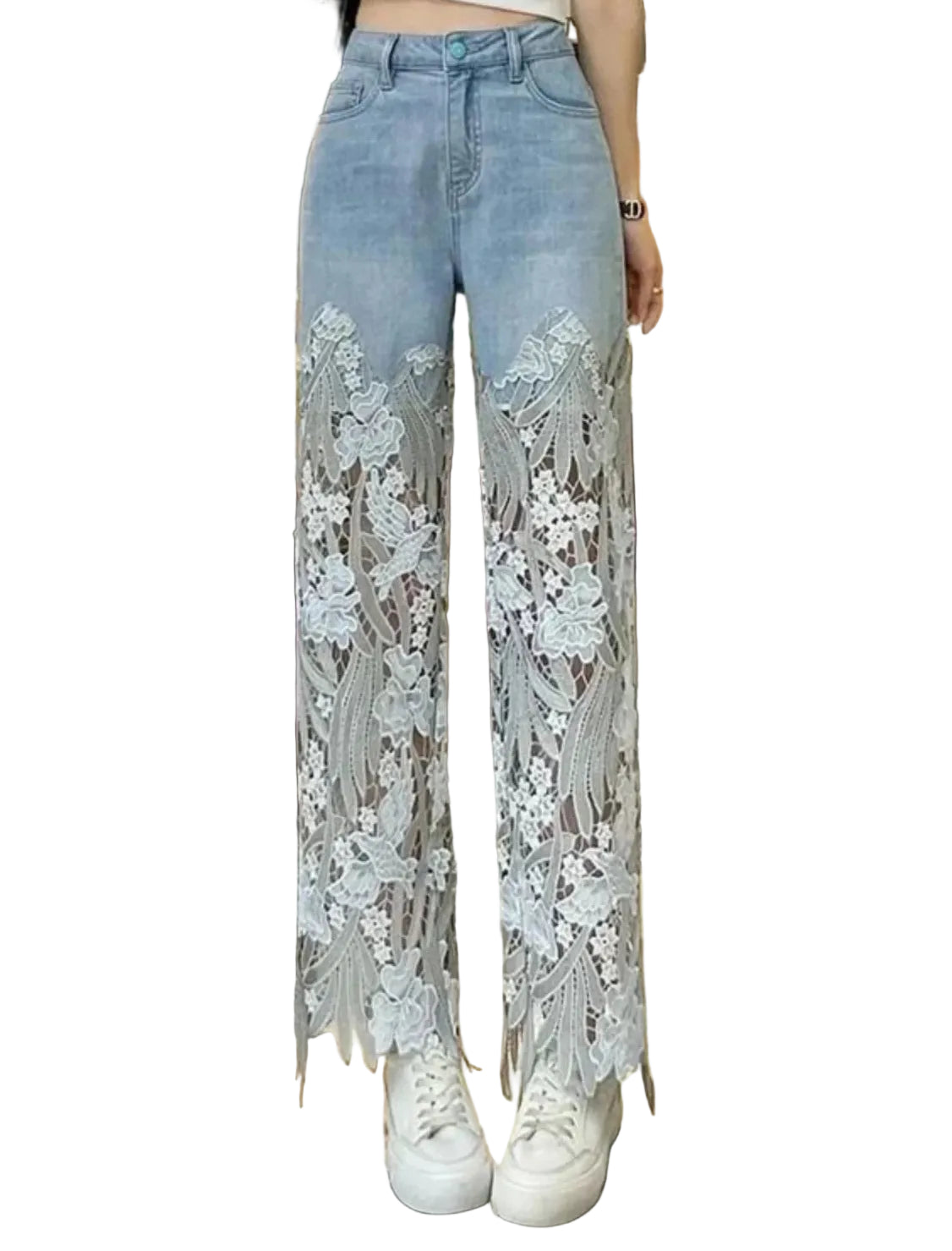 Lace Overlay High-Waisted Jeans | Boho Festival Statement
