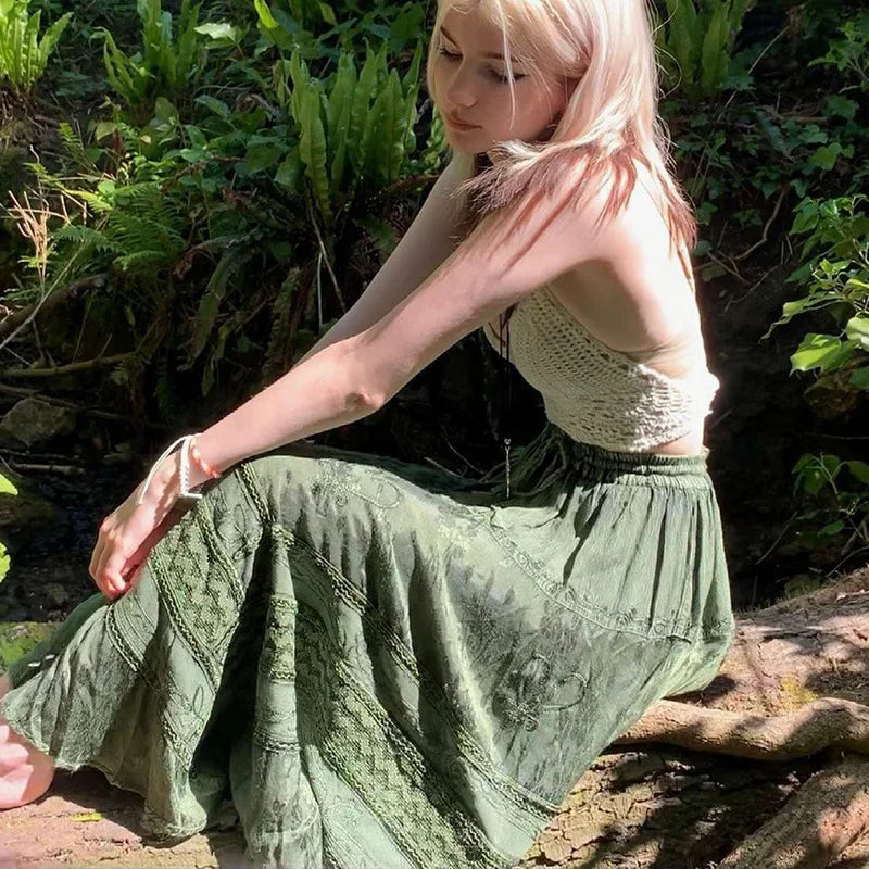 Enchanted Forest Gypsy Goddess Skirt – Olive Green Boho Dream