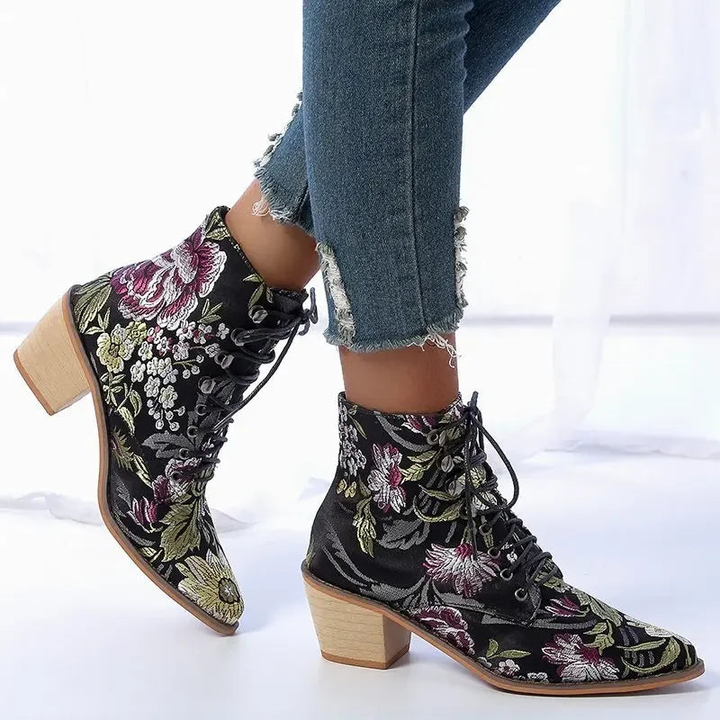 Embroidered Floral Ankle Boots – Boho Lace-Up Romance (Black / Red) Black Floral Embroidered Floral Ankle Boots – Boho Lace-Up Romance (Black / Red) Boots