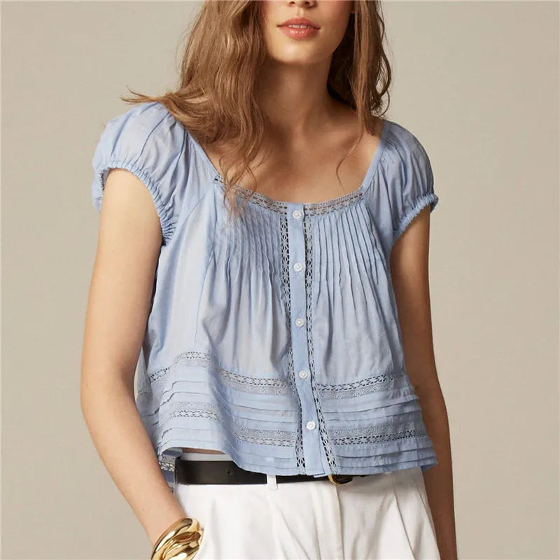 Gypsy Lace Puff Top - Sky Blue and Ivory/White Sky Blue Gypsy Lace Puff Top - Sky Blue and Ivory/White Blouse