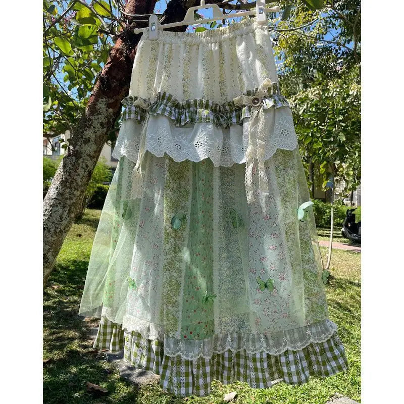 Enchanted Meadow Fairy Patchwork Skirt – Green Butterfly Boho Dream