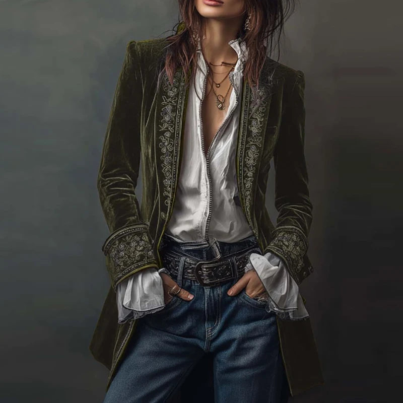 Vintage Ethnic Floral Print Velvet Women's Coat Fall Chic Stand Collar Slim Jacket Cardigan Winter Long Sleeve Female Outerwears